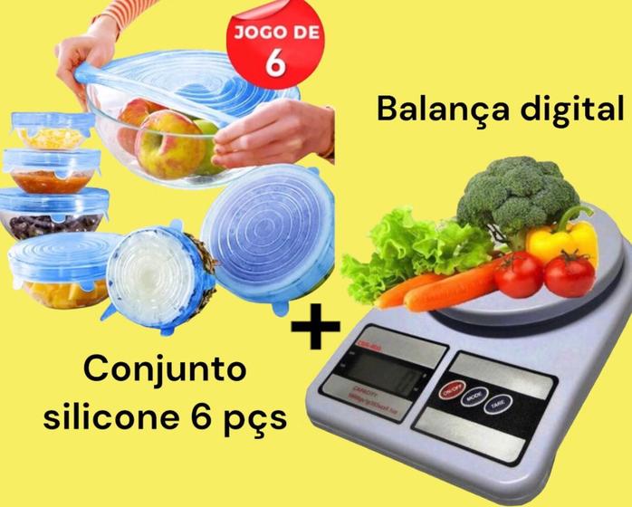 Imagem de Kit 6 Tampas de Silicone Multi Uso Flexível 6PCS 7CM.9.5CM Dolce + BalançaDigital de Cozinha Digital