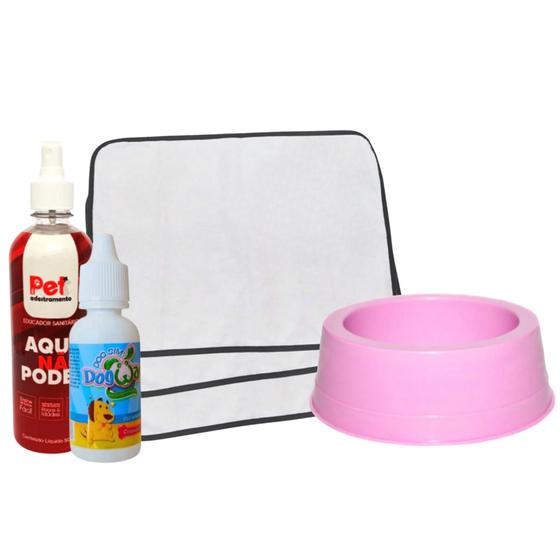 Imagem de Kit 6 Tapetes Higiênicos Pet + Comedouro Pet + Educador Xixi Sim 20ml + Educador Aqui Não Pode 500ml