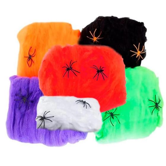 Imagem de Kit 6 Teias Coloridas de Aranha Artificial Decoração de Halloween Com 12 Aranhas