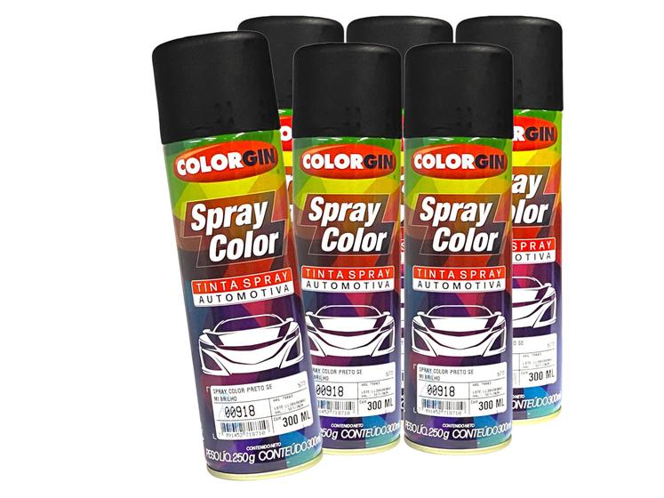 Imagem de Kit 6 Tinta Spray Preto Semi Brilho Colorgin 300ml Secagem Rápida Alta Resistência Ótimo Rendimento