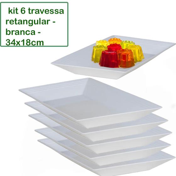 Imagem de Kit 6 Travessa Saladeira Petisqueira Retangular Le Chef Branca Plástico 34x18x4 Cm
