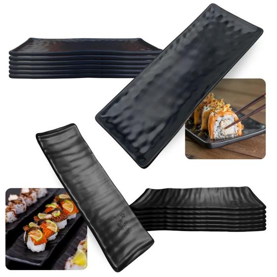 Imagem de Kit 6 Travessas 24cm Estriada + 6 Travessas 28,5cm em Relevo Kanpai Melamina Buffet Comida Japonesa Bestfer