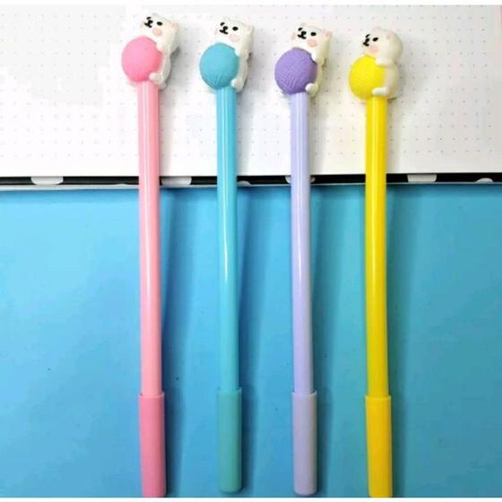 Imagem de Kit 6 unidades de canetas em gel fofas formato gatinho novelo de lã