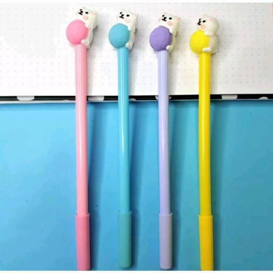 Imagem de Kit 6 unidades de canetas em gel fofas formato gatinho novelo de lã novidade