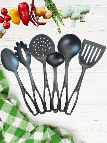 Imagem de Kit 6 Utensílios de Cozinha Preto Resistente com Cachepo