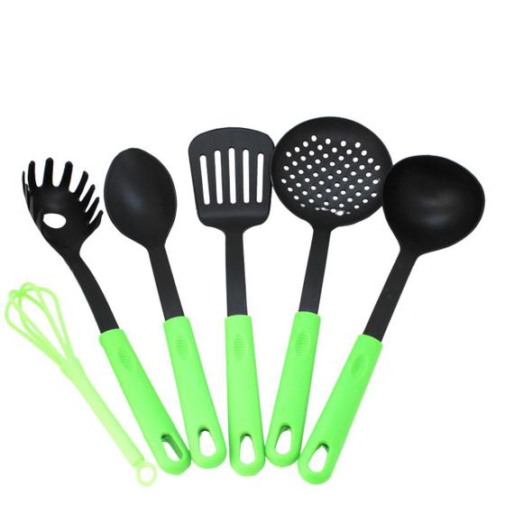 Imagem de Kit 6 utensílios Verdes de Cozinha Colher, Escumadeira, Pegador, Concha, Espátula