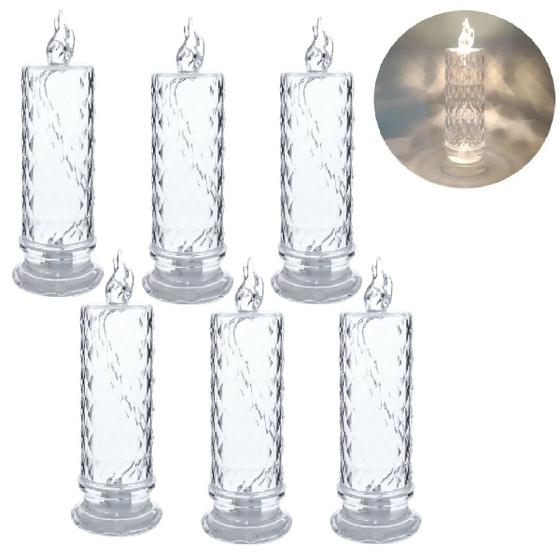 Imagem de Kit 6 Velas LED Luz Eletrônica Cristal 19cm Transparente