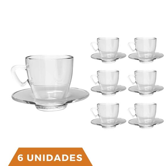 Imagem de Kit 6 Xícaras Café e Chá Vidro 90mL C/ Pires Transparente