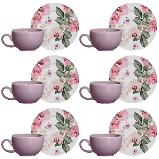 Imagem de Kit 6 Xícaras Cerâmica Chá Café Pires Pink Butterfly 85ml