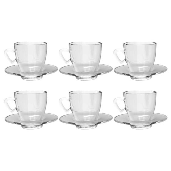Imagem de Kit 6 Xícaras Chá Vidro 220mL C/ Pires Moderna Transparente