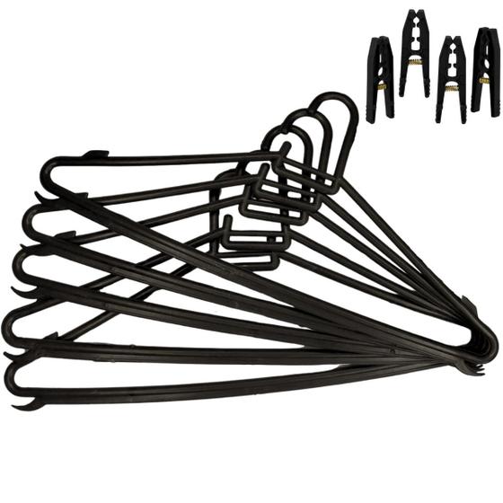 Imagem de Kit 60 Cabide Adulto Plástico Preto Redondo Reforçado Atacado + 12 Prendedor P Guarda Roupas