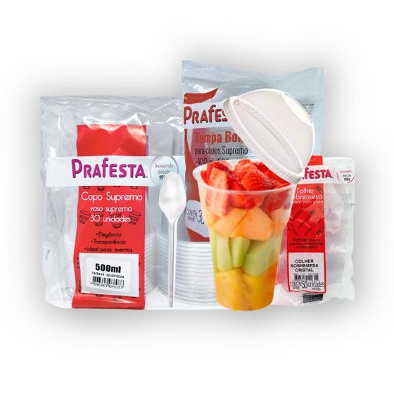 Imagem de Kit 60 Copos de Plastico Prafesta Com Tampa Bolha + Colher 500ml