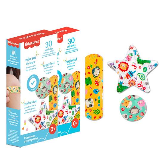 Imagem de Kit 60 Curativos Coloridos 3 Formas Descartáveis Adesivo de alta aderência Fisher-Price HC484