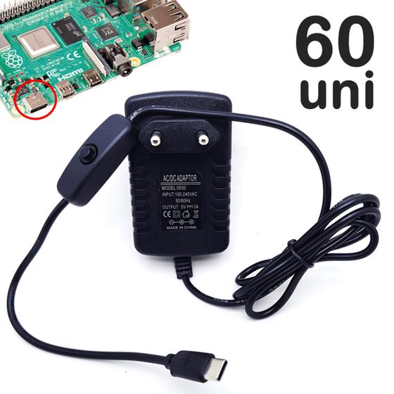 Imagem de Kit 60 Fontes De Alimentação 5v 3A Para Raspberry Pi 2 Pi 3 Pi 3b Usb-C Botão ON/OFF U1002