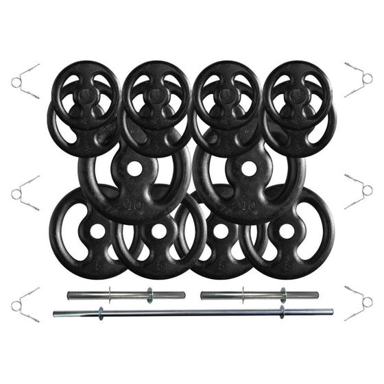 Kit 60 Kg de Anilhas Ferro Fundido + Barras de Supino e Halteres Menor preço em Kit 60 Kg de Anilhas Ferro Fundido + Barras de Supino e Halteres