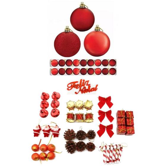 Imagem de Kit 61 Enfeites Pendentes Árvore De Natal Sino Laço Tambores Vermelho Bola 6cm Decoração Natalina