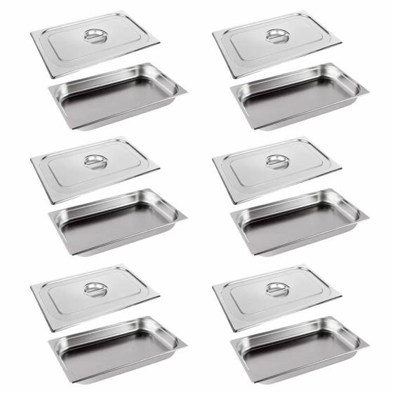 Imagem de Kit 6x Cuba Gastronômica Aço Inox Para Buffet GN 1/1 X 65mm Com Tampa GN 1/1 Sebem