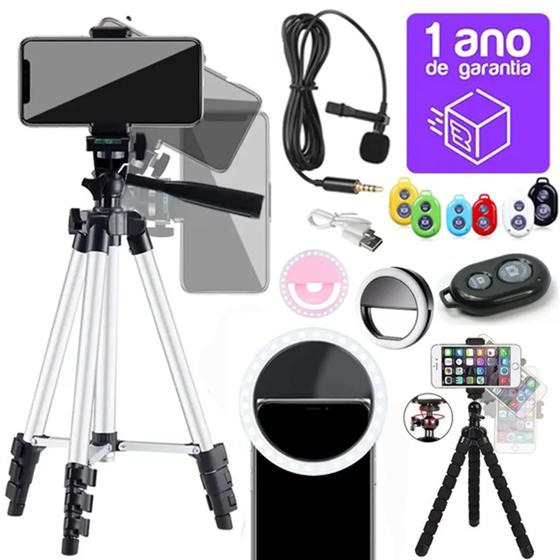 Kit 6x1 Youtuber Live Tripé 1,20m + Mini Ring Light + Kit de Lentes Fisheye + Microfone de Lapela Menor preço em Kit 6x1 Youtuber Live Tripé 1,20m + Mini Ring Light + Kit de Lentes Fisheye + Microfone de Lapela