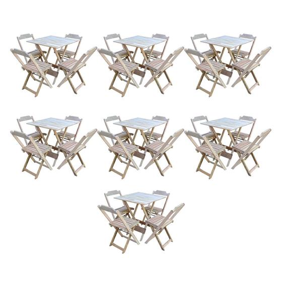 Imagem de Kit 7 Conjuntos de Mesa Dobravel com 4 Cadeiras de Madeira 70x70 para Restaurante e Bar - sem Pintur