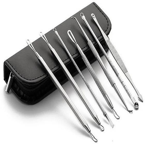 Imagem de Kit 7 Curetas Remove Cravos Espinhas Aço Inoxidável Com Estojo