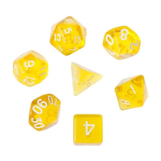 Imagem de Kit 7 Dados Rpg De Mesa + Bolsa Translúcido Amarelo Tormenta