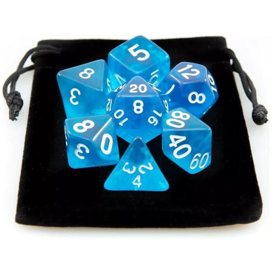 Imagem de Kit 7 Dados RPG de Mesa Conjunto Azul Translúcidos