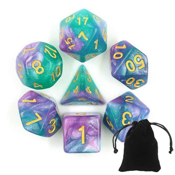 Imagem de Kit 7 Dados Rpg Galaxia D&d D4 D6 D8 D10 D10% D12 D20 Bolsa