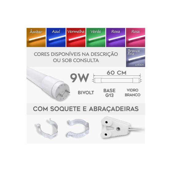 Imagem de KIT 7 Lâmpadas Tubular LED T8 COLOR 9W 60cm Bivolt + Soquetes e Abraçadeiras 