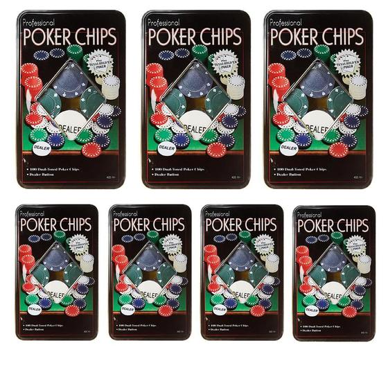 Imagem de Kit 7 Latas Poker Chips Com 100 Fichas + 1 Ficha Dealer Cada