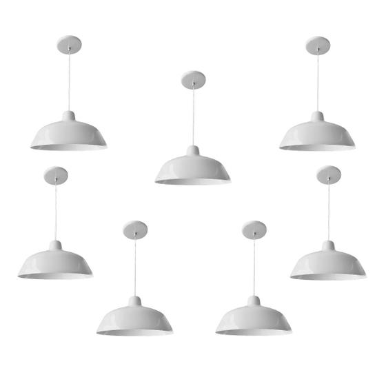 Kit 7 Luminária Pendente Retro 34cm Com Interior Branco Brilho Com