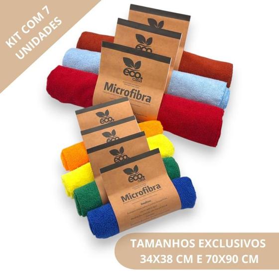 Imagem de Kit 7 panos microfibras flanelas 3 extra gigante 70x90 mais 3 tamanho especial 34x38 qualidade superior limpeza casa multiuso automotiva ECO CASA