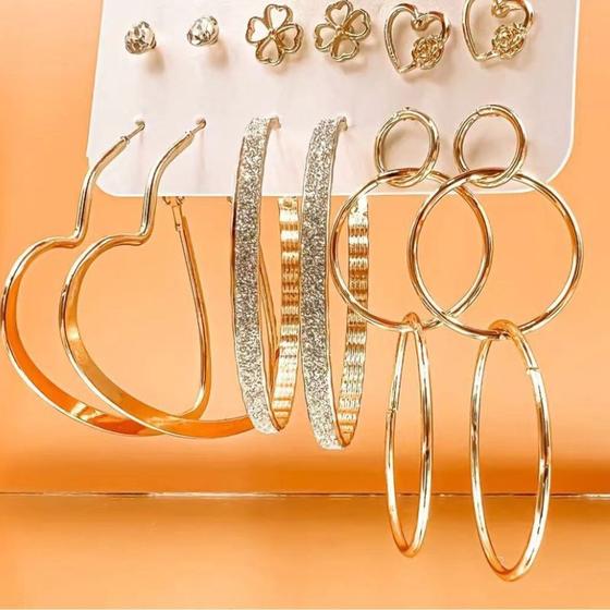 Kit 7 Pares De Brincos Ouro18k Prata E Acessórios Criativos Simples ...