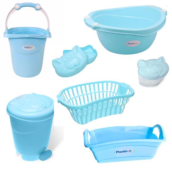 Imagem de Kit 7 peças banho bebe balde bacia lixeira organizador cesto saboneteira porta algodão