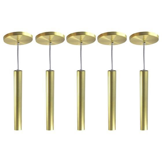 Imagem de Kit 7 Pendente Tubo Dourado 30Cm Cabo Cristal + Led