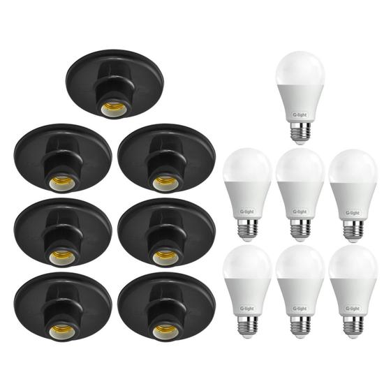 Imagem de Kit 7 Plafonier Plafon Soquete E27 Preto 7 Lâmpada Led 6,5W