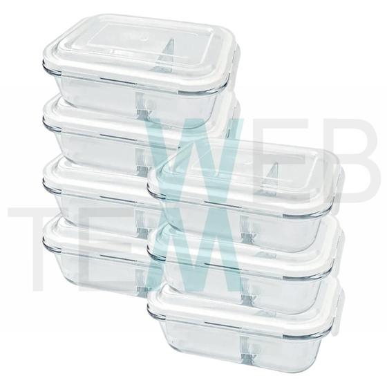 Imagem de Kit 7 Potes Hermético Marmita de Vidro Retangular Com Divisória 1010ml Com Tampa BPA Free: Cozinha Organizada, Sustentabilidade e Alimentos Frescos