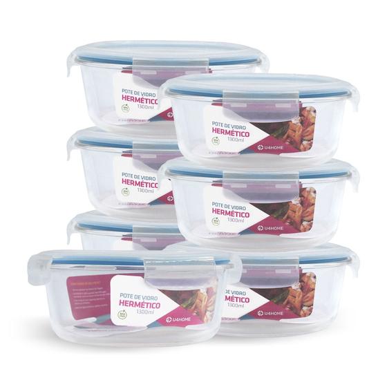 Imagem de Kit 7 Potes Hermético Redondo De Vidro Com 4 Travas 1300ml