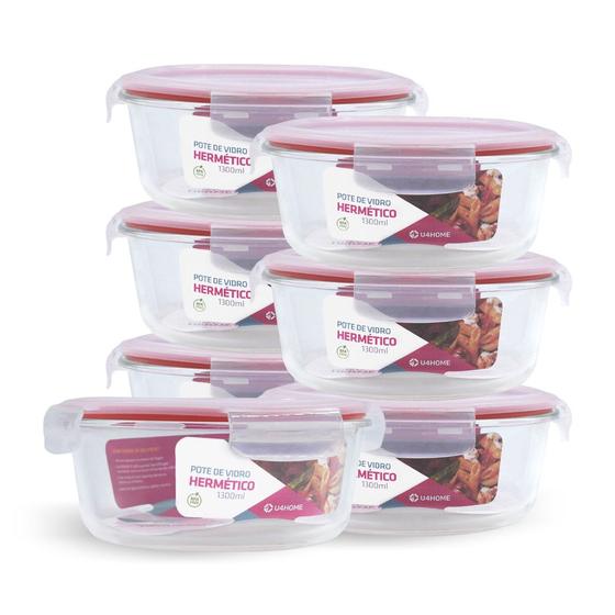 Imagem de Kit 7 Potes Hermético Redondo De Vidro Com 4 Travas 1300ml