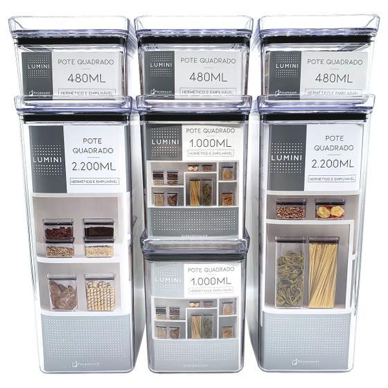 Kit 7 Potes Herméticos Quadrados de Acrílico - 2unis 2,2L + 2unis 1L + 3unis 480ml - Paramount Menor preço em Kit 7 Potes Herméticos Quadrados de Acrílico - 2unis 2,2L + 2unis 1L + 3unis 480ml - Paramount