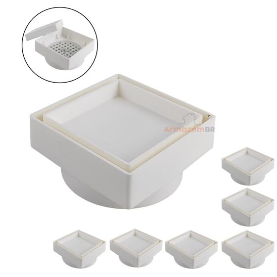 Imagem de Kit 7 Ralo Oculto Invisível Quadrado 10x10cm Plástico Com Tela Para Banheiro - AMZ