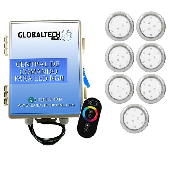 Imagem de Kit 7 Refletor Led Piscina Rgb 9W Inox + Central Touch Encai