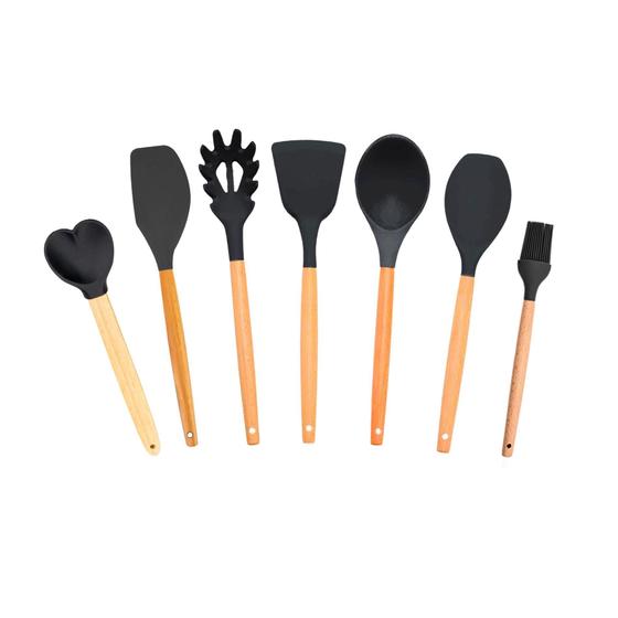 Imagem de Kit 7 Utensílios Culinários Cabo Madeira Ponta Em Silicone