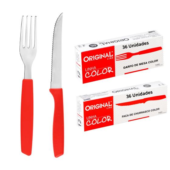 Imagem de Kit 72 Talheres 36 Garfos + 36 Facas De Mesa Com Cabo Vermelho