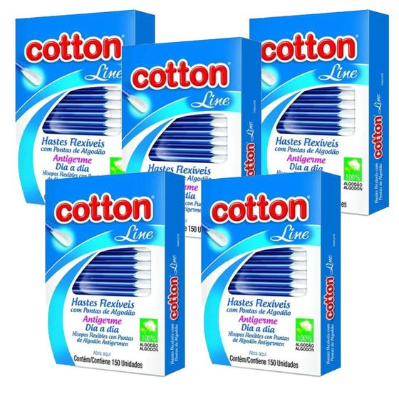Imagem de Kit 750 Unidades Hastes Flexíveis Cotton Line 5 CAIXAS com 150 Unidades Cotonete Com Pontas Algodão Antigerme