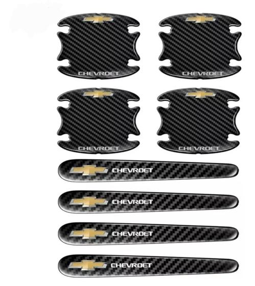 Imagem de Kit 8 Adesivo Anti Risco Para Maçaneta Portas De Carro Com Logo Marca Chevrolet Cor Preto Carbono