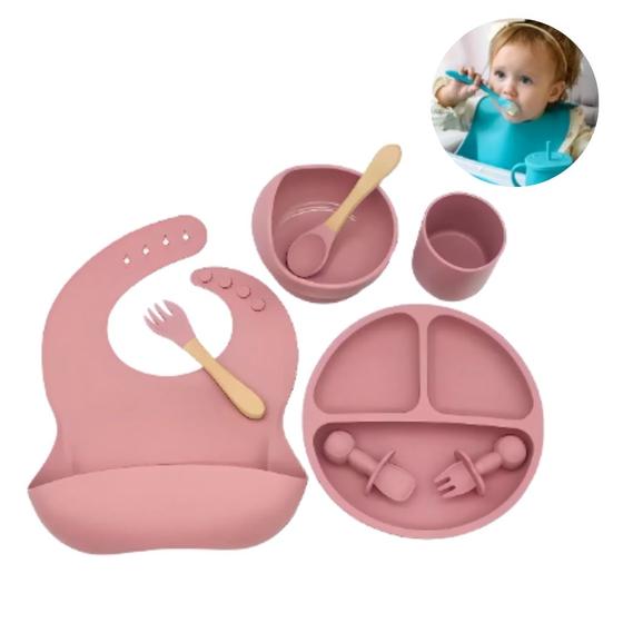 Imagem de Kit 8 Alimentação Bebê Silicone Prato Babador Copo Tigela Cor Rosa Introdução Alimentar infantil