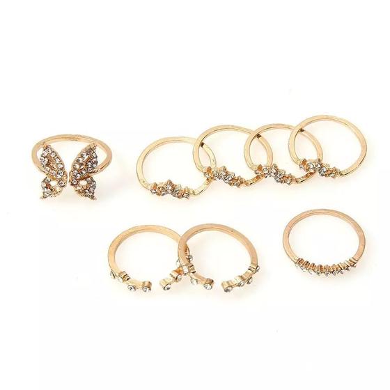 Imagem de Kit 8 Anéis Dourado Strass Brilhante Borboleta Flores A8745