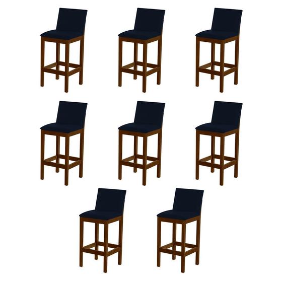 Imagem de Kit 8 Banquetas Alta Pérola com Encosto Estofado Veludo Azul Petróleo Madeira Maciça Imbuia