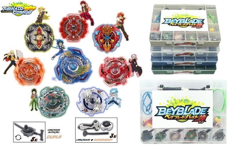 Imagem de Kit 8 Beyblade Burst Valt Shu Ken e Outros + 11 Lançadores + Maleta