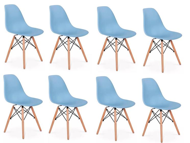 Imagem de Kit 8 Cadeiras Charles Eames Eiffel Azul Base Madeira Sala Cozinha Jantar